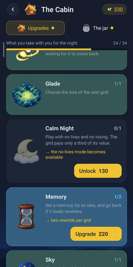 The Cabin, where you unlock upgrades.
