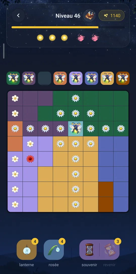 Une grille de 8×8 en cours : des prairies de couleur, des fleurs posées et une luciole réveillée.