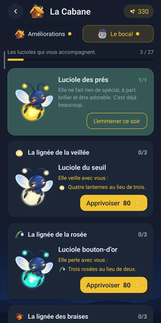Le bocal et ses lignées de lucioles.
